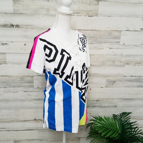 PINK Victoria's Secret Neon Striped Lace Up Tee - Picture 5 of 8